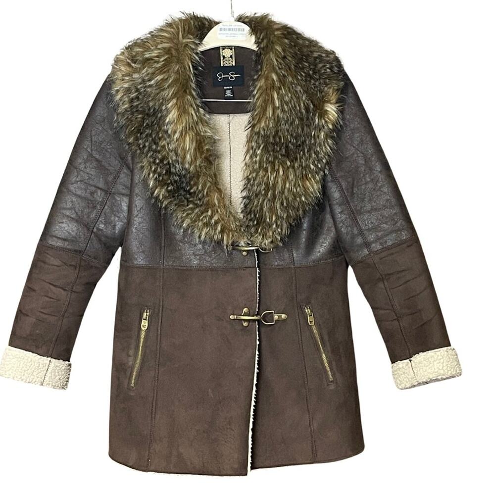 Jessica Simpson Penny Lane coat faux fur warm brown patchwork size medium